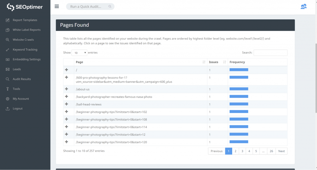 pages found section of seoptimer's crawl tool